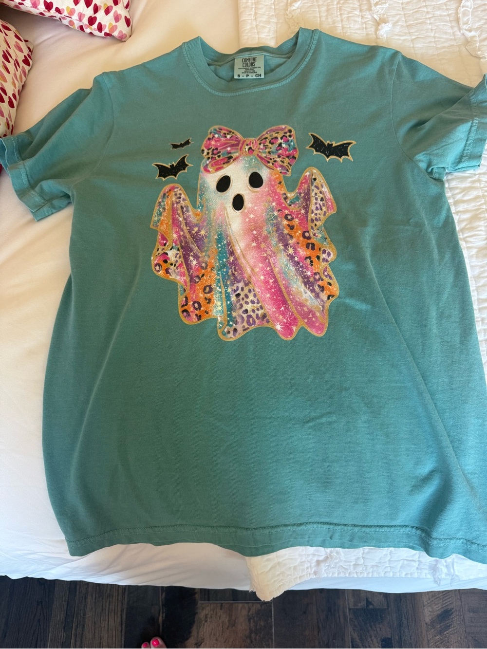 Comfort Colors Teal Short-Sleeve Ghost Graphic Tee with Pink Bow
